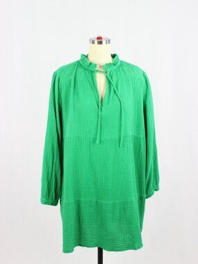 LINE THE LABEL Sunny Green Cotton Gauze Ruffle Neck Tiered A-Line Dress, Size S